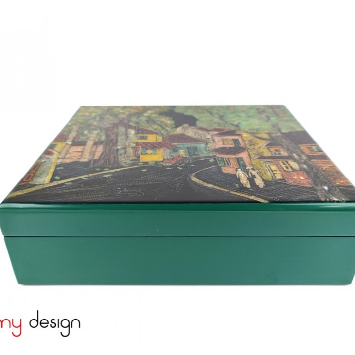 Green rectangle lacquer box hand-painted with old quarter 27x30cm